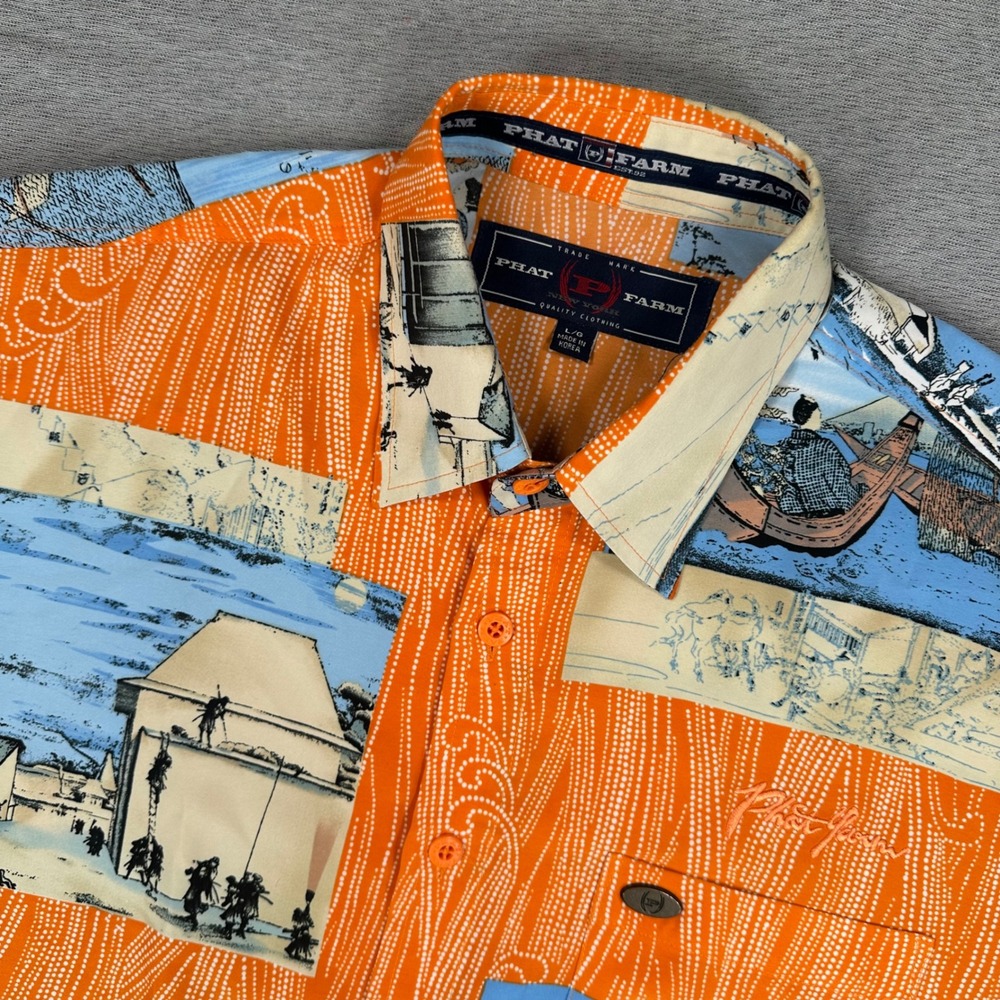 Y2K Phat Farm Hawaiian Shirt Mens Large Orange Japanese Art AOP Aloha Beach EUC